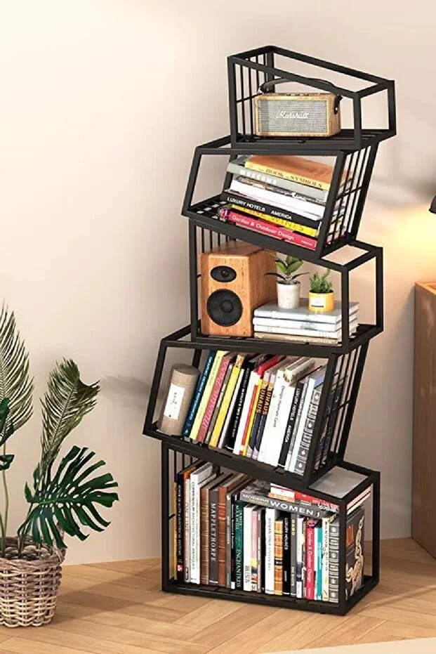 Metal Siyah Renk Endüstriyel Tasarım Kolay Kurulum Puzzle Kitaplık Aksesuar Rafı